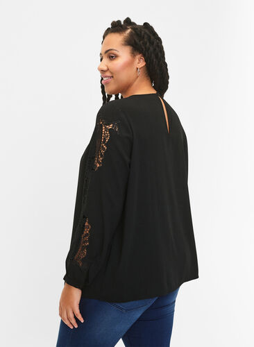 Langærmet bluse med crochet detaljer, Black, Model image number 1