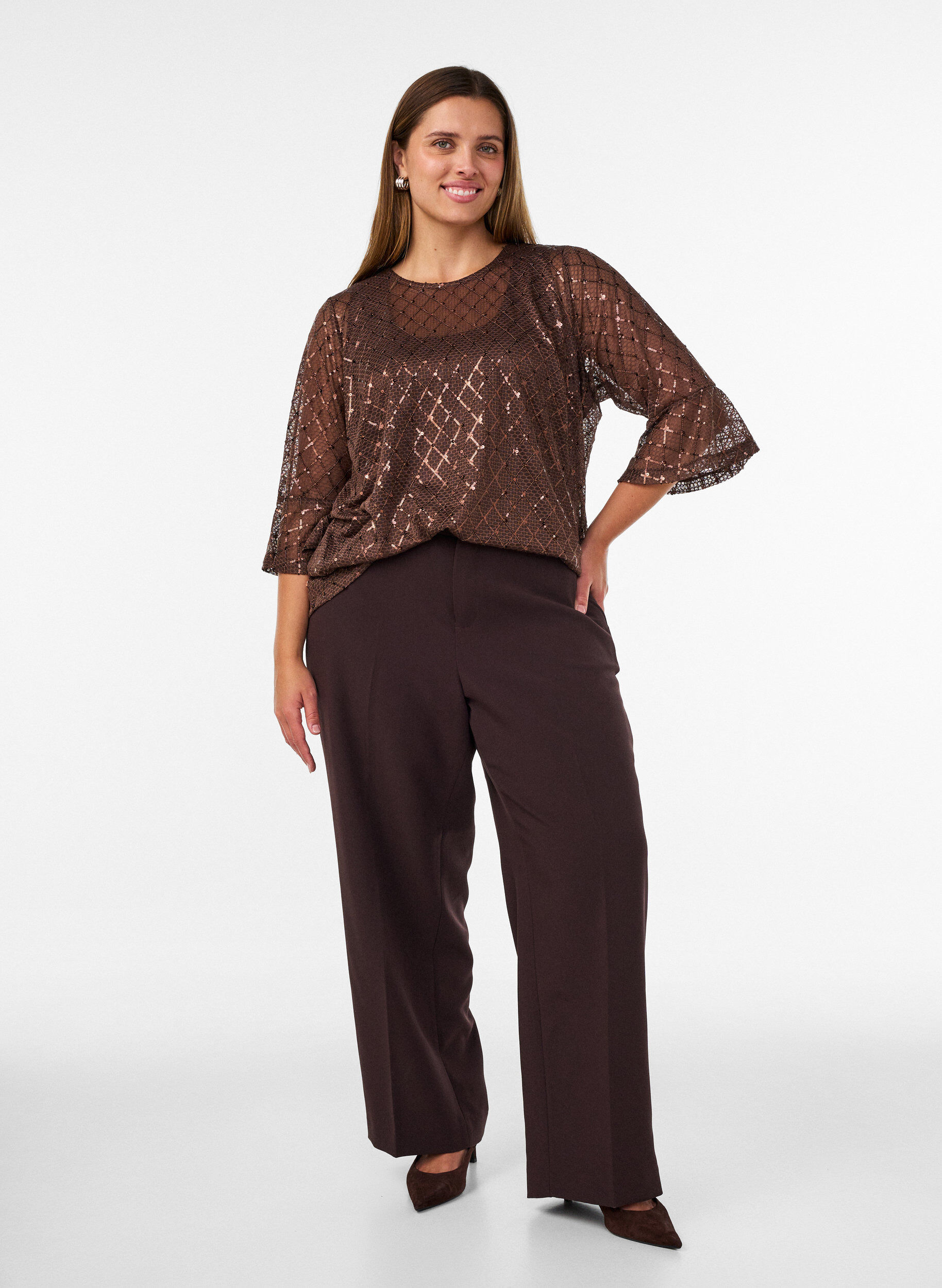 ZizziTransparent bluse med pailletter og diamantm&oslash;nster, Brun, Model image number 1
