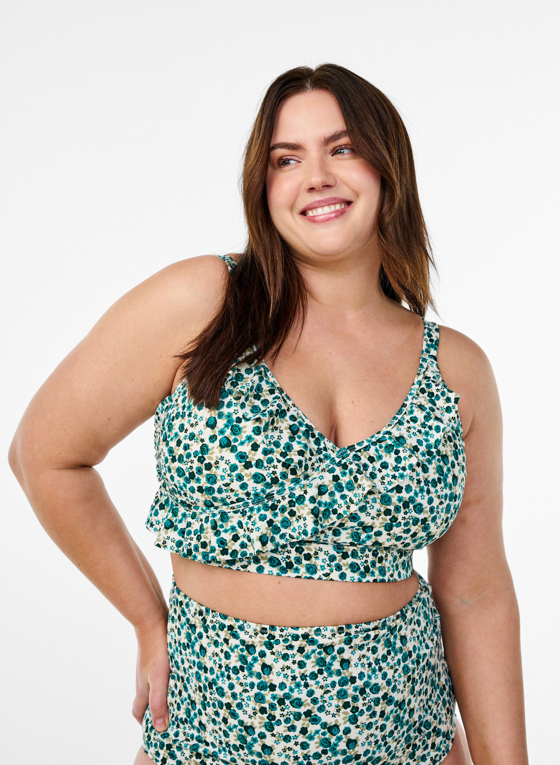 ZizziBlomstret bikini bh med fl&aelig;sedetaljer, Gr&oslash;n, Model image number 0