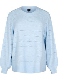 Strikbluse med rund hals og hulmønster, Cashmere Blue Mel.