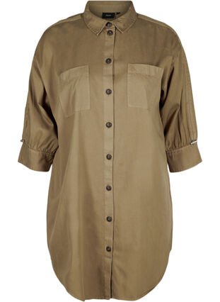 Lang kraftig skjorte med brystlommer, Kaki Green, Packshot image number 0