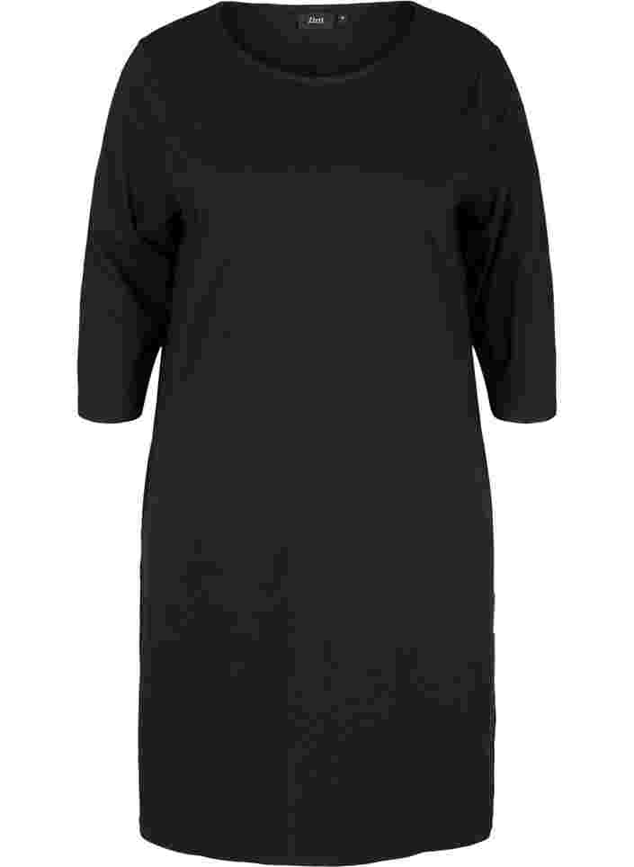 Bomulds kjole med 3/4 ærmer og lommer, Black, Packshot image number 0