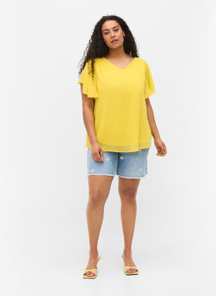 Bluse med korte ærmer, Primrose Yellow, Model image number 2