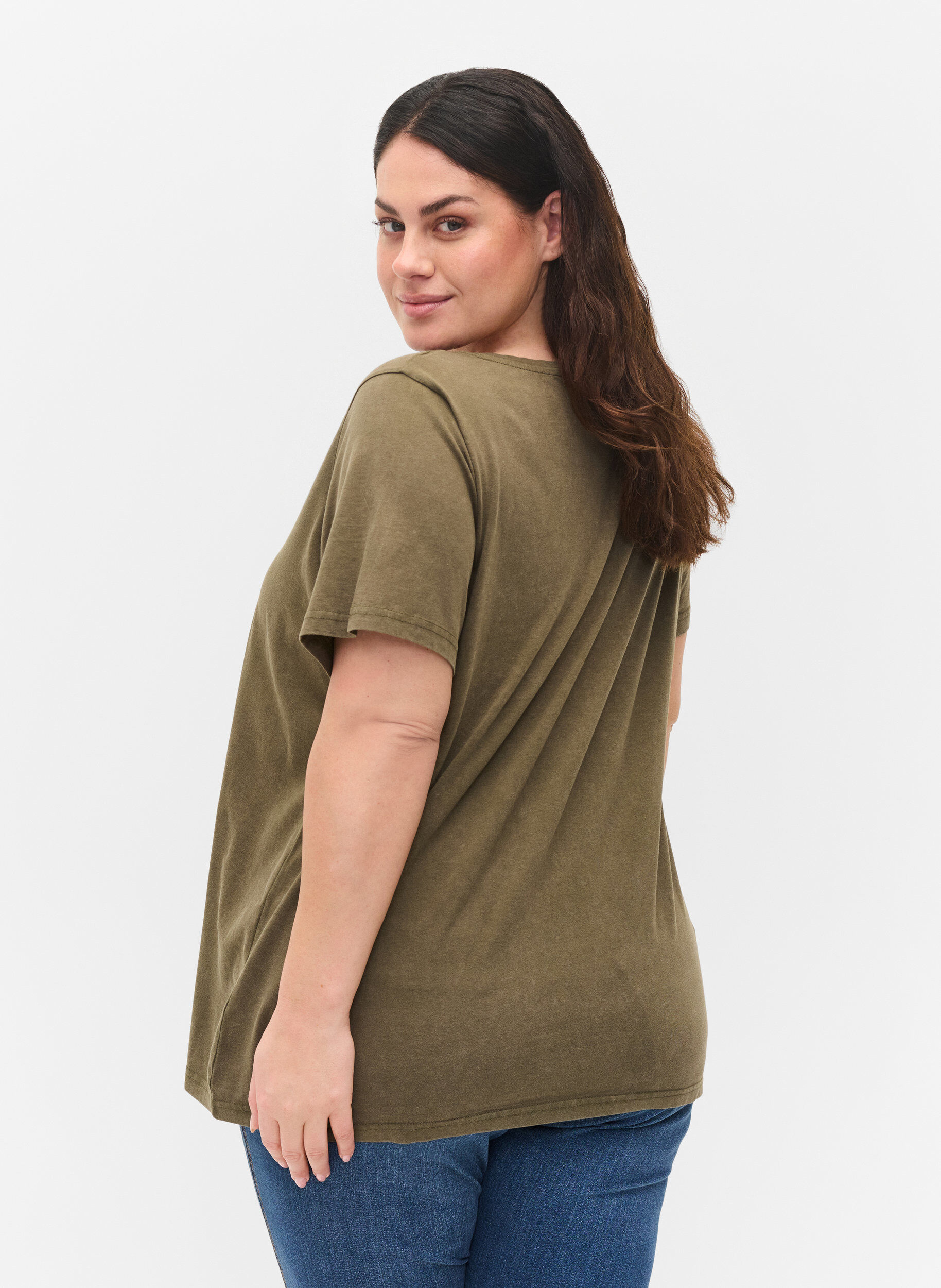 Zizzi Bomulds t-shirt med acid wash og sten , Ivy Green Wash, Model image number 1