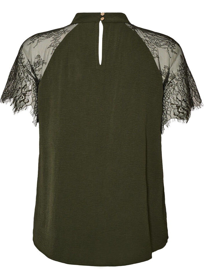 Bluse med korte blonde&aelig;rmer og h&oslash;j hals, Gr&oslash;n, Packshot image number 1