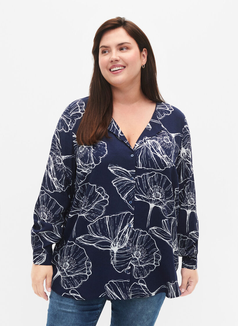 Viskose skjorte med blomsterprint og lange ærmer, Navy B./Big Fl.AOP, Model image number 0