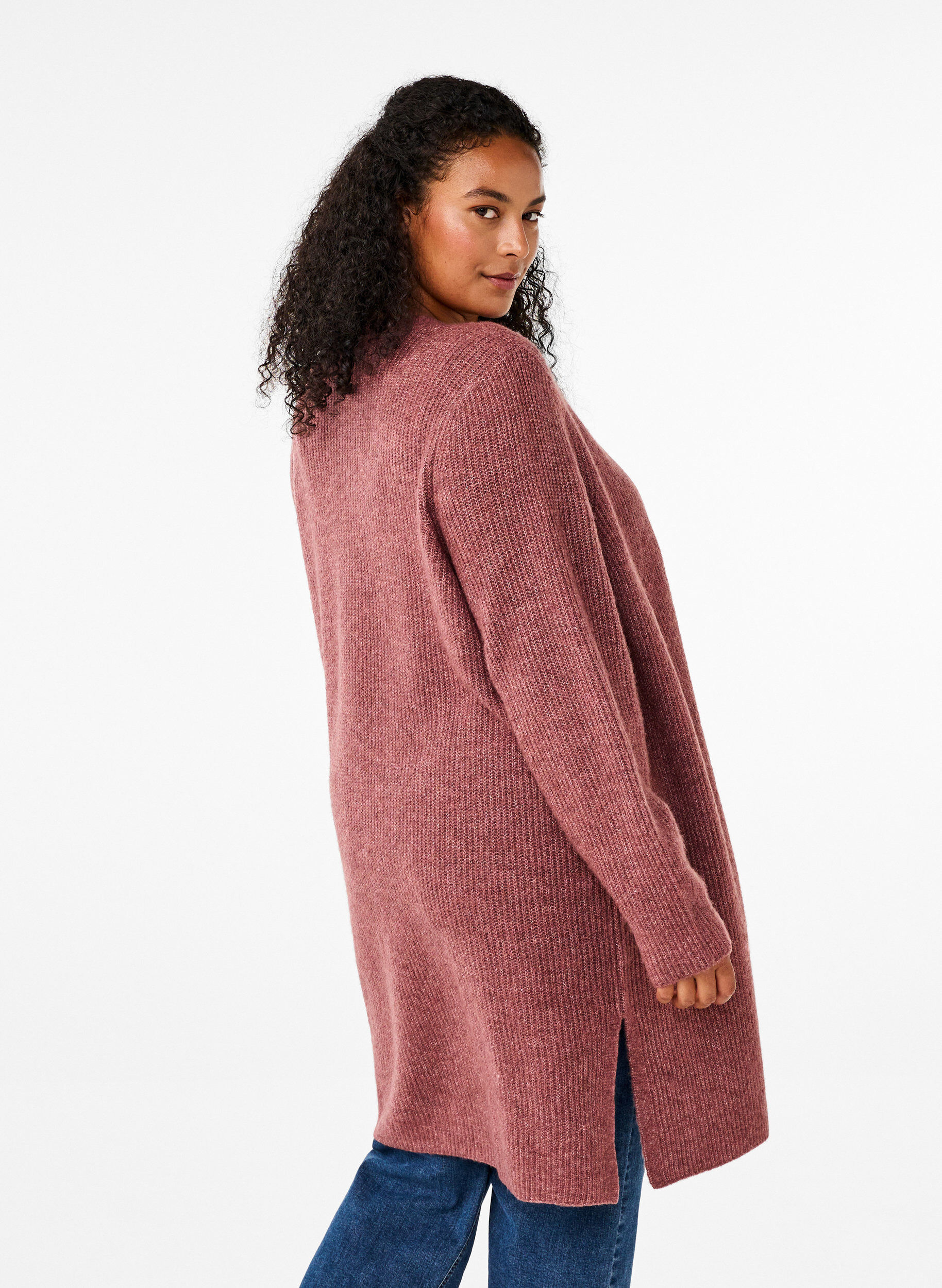 Zizzi FLASH - Ribstrikket cardigan med slidser, Rose Brown Melange, Model image number 1