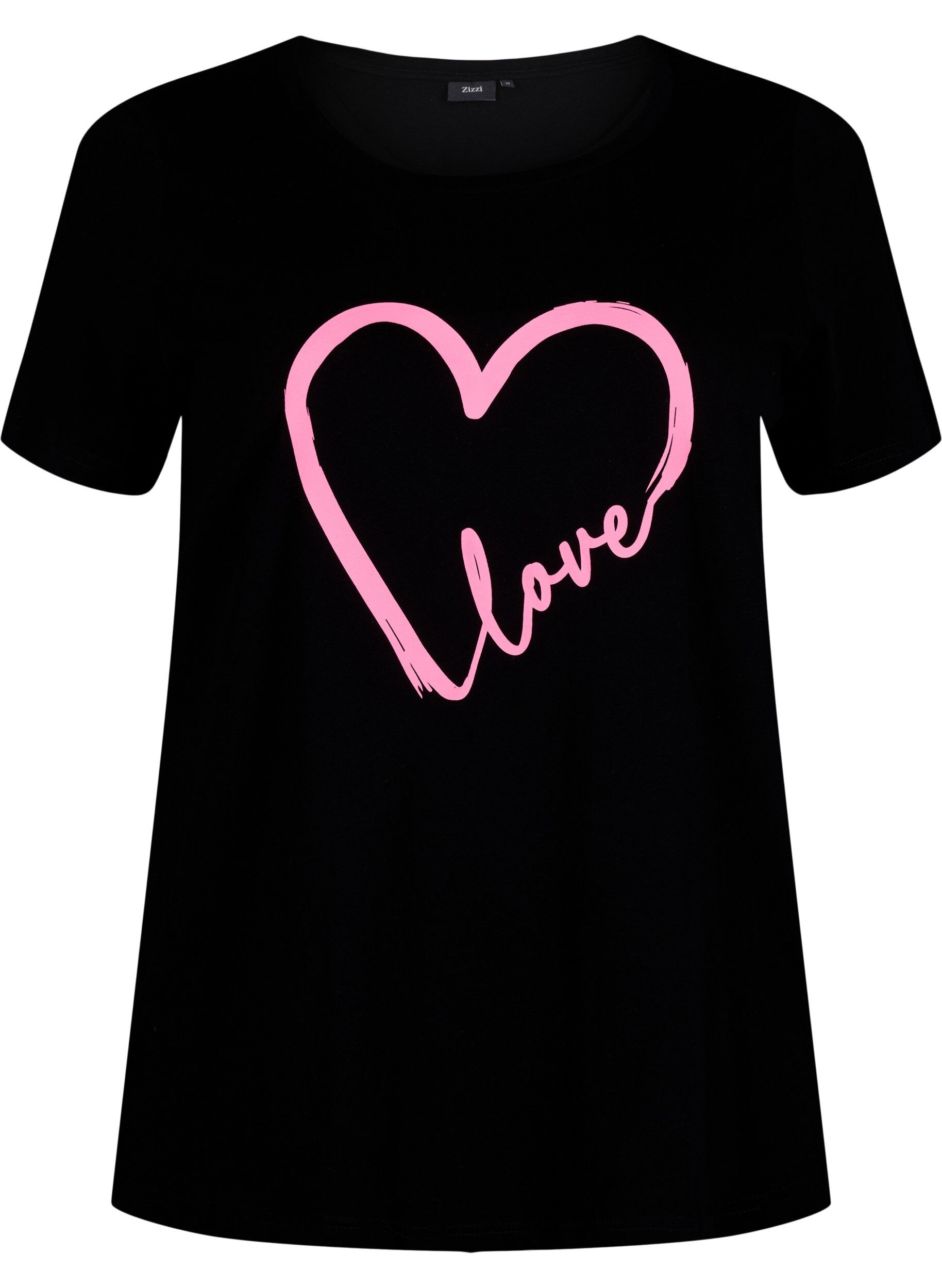 Zizzi T-shirt i bomuld med print og rund hals , Black W. Heart L., Packshot image number 0