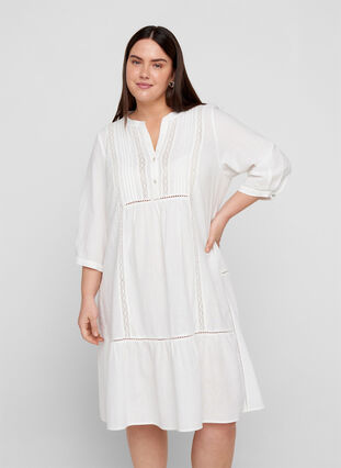 Bomulds kjole med a-form , Bright White, Model image number 0