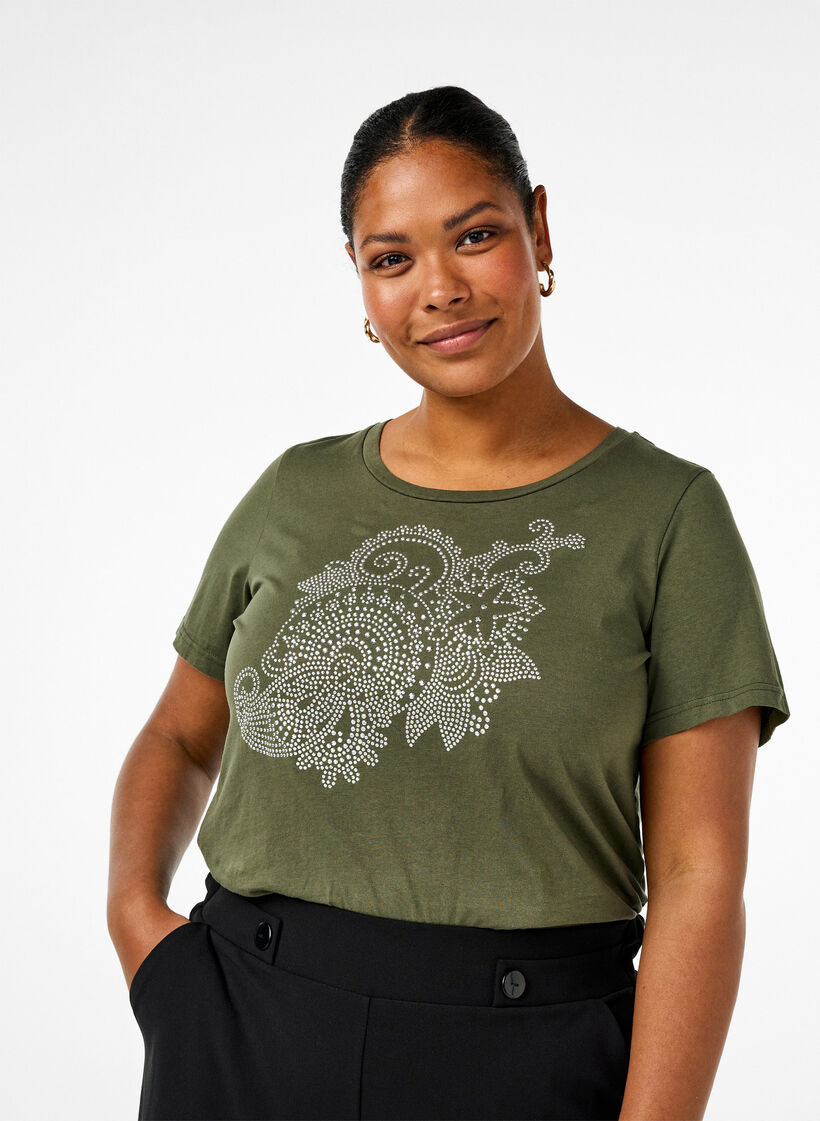 Bomulds t-shirt med rhinesten motiv, Thyme w. Rhinestones, Model image number 0