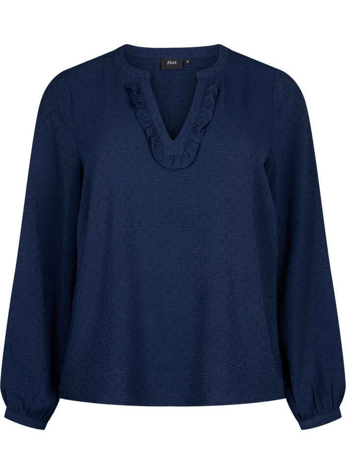 Langærmet bluse med struktur, Navy Blazer, Packshot image number 0