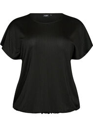 Jerseybluse med strukturstriber og smockkant, Sort