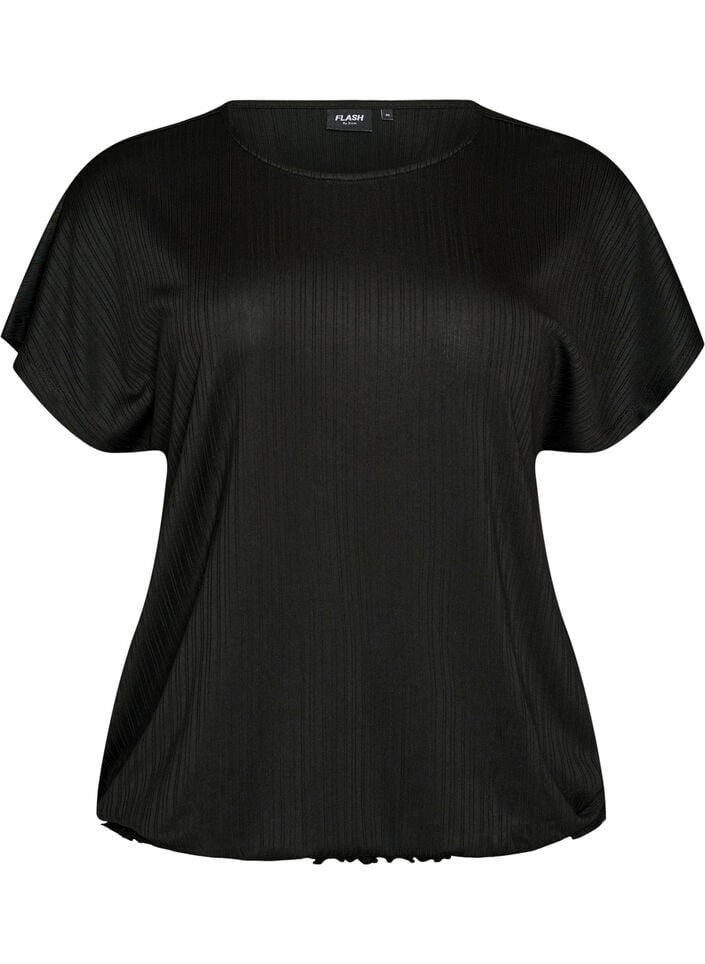 Jerseybluse med strukturstriber og smockkant, Sort, Packshot image number 0