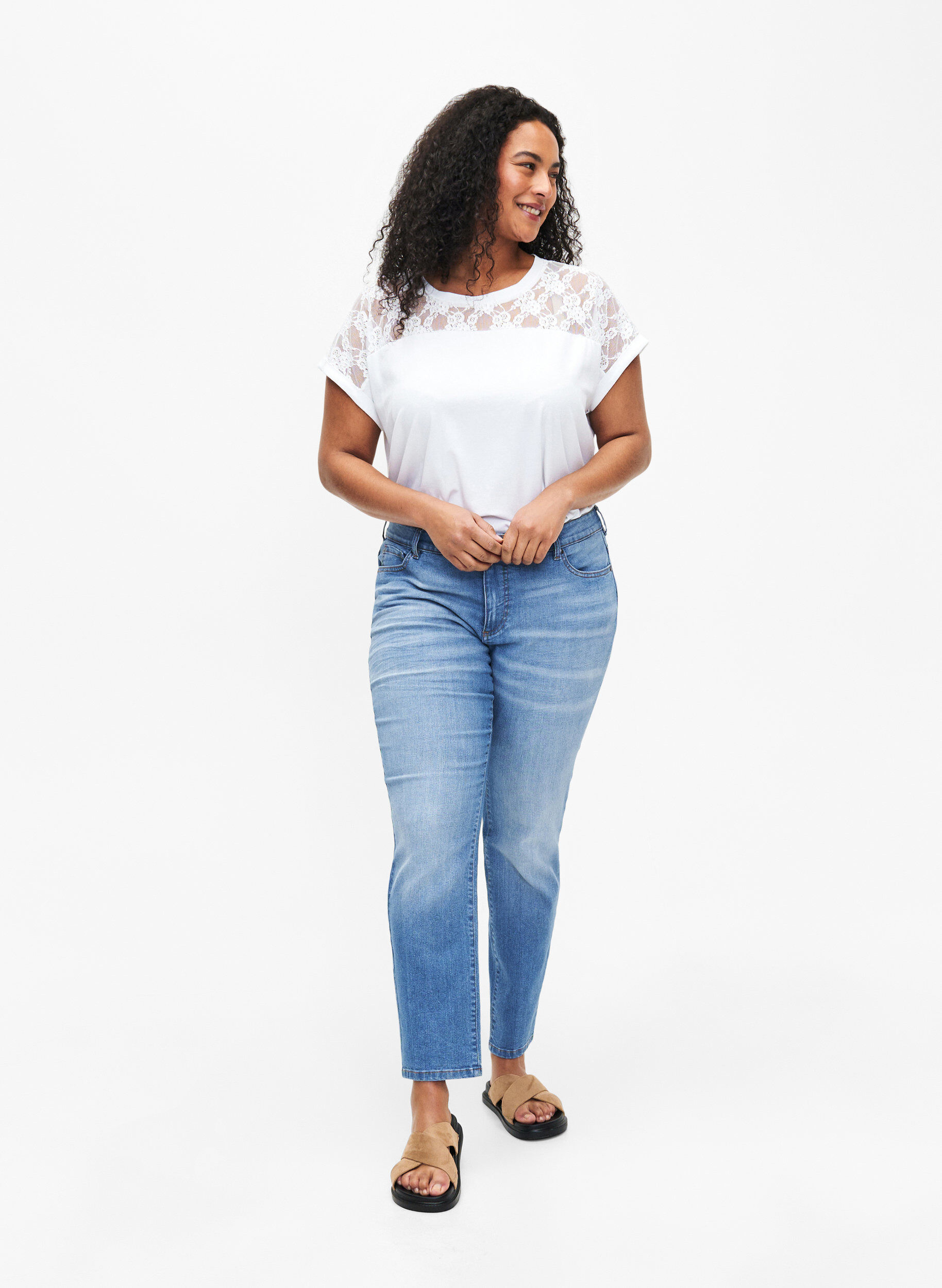 Zizzi Kort&aelig;rmet bomulds t-shirt med blonder, Bright White, Model image number 1