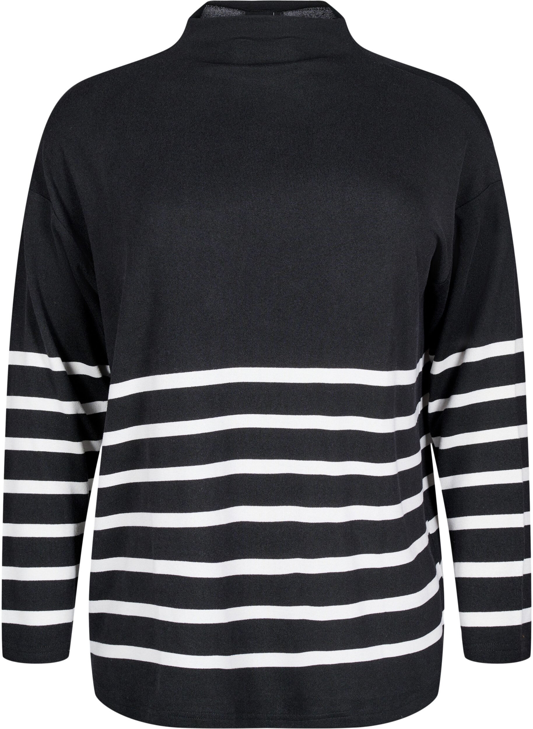 Zizzi Lang&aelig;rmet bluse med striber og h&oslash;j hals, Sort, Packshot image number 0