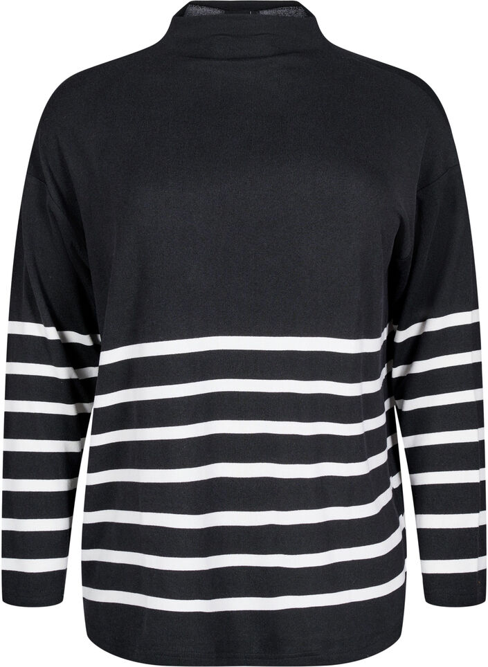 Langærmet bluse med striber og høj hals, Sort, Packshot image number 0