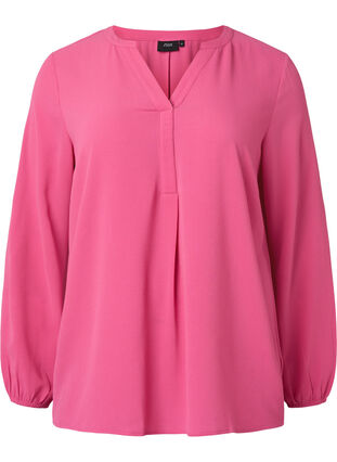 Ensfarvet bluse med v-hals, Shocking Pink, Packshot image number 0