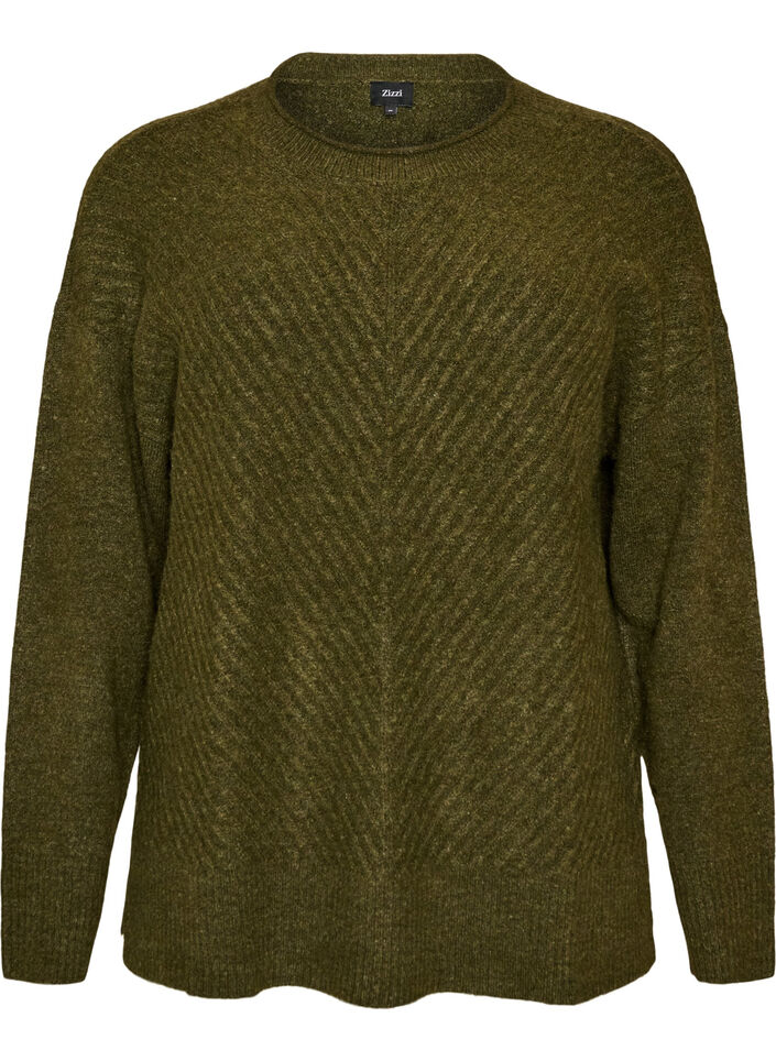 Strikbluse med V-formet ribm&oslash;nster og slidser, Gr&oslash;n, Packshot image number 0