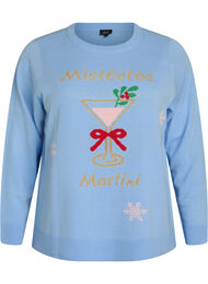Strikbluse med julemotiv, Bl&aring;