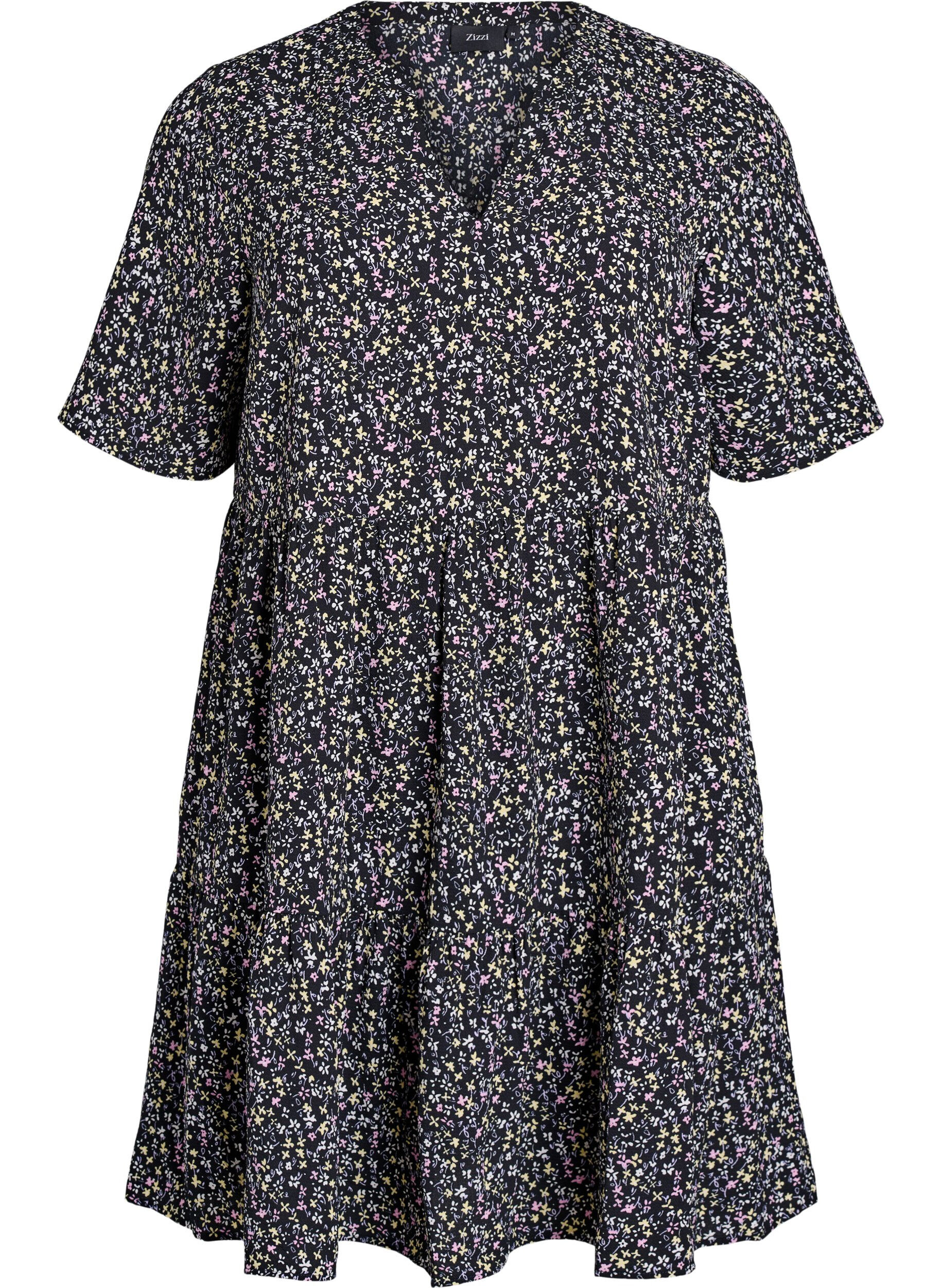 Zizzi Kort&aelig;rmet kjole med a-snit og sk&aelig;ringer, Sort, Packshot image number 0