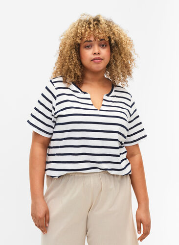 Stribet bomulds t-shirt med v-hals, Bright White Stripe, Model image number 0