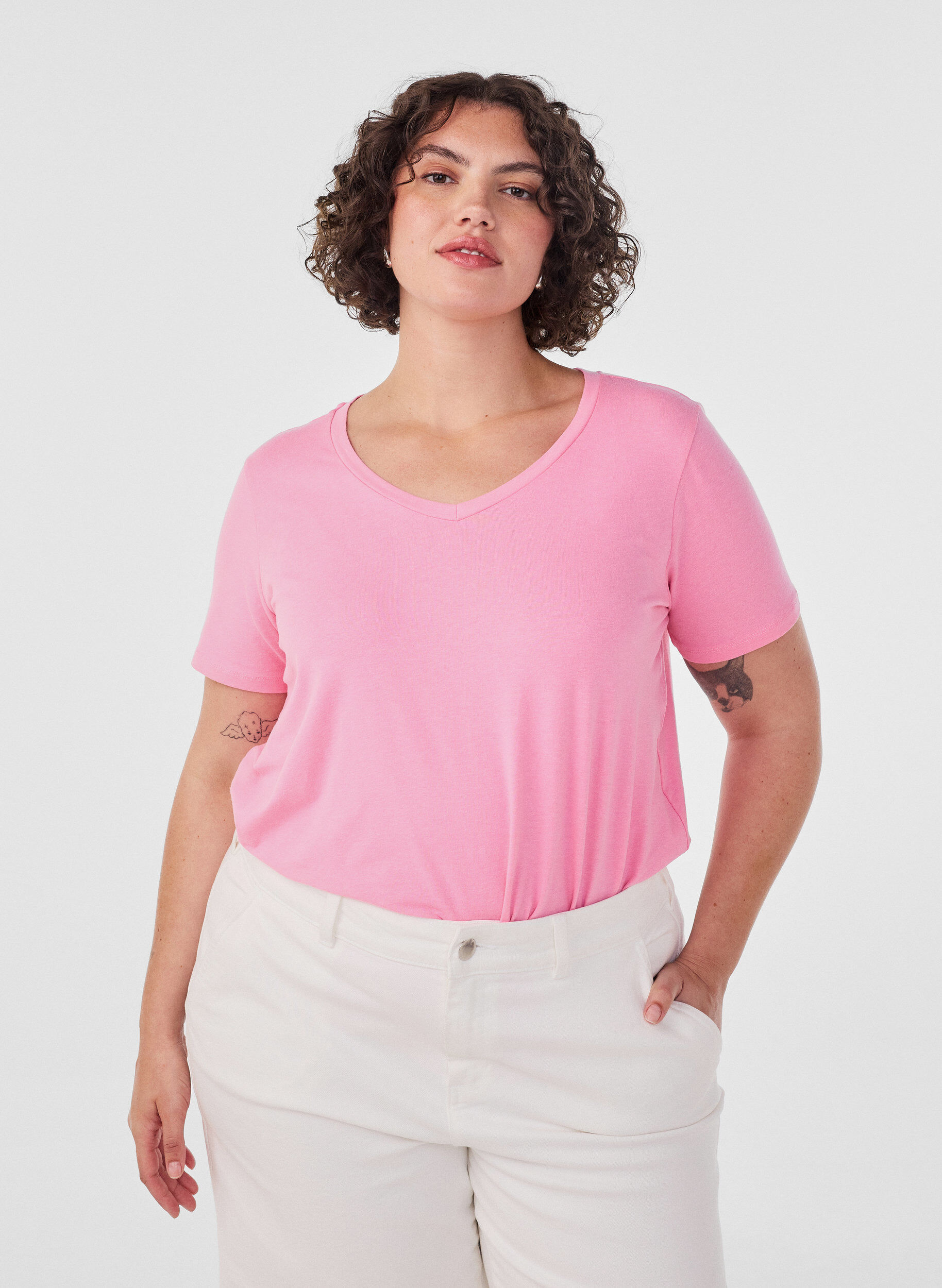 Ensfarvet basis t-shirt i bomuld, Lyser&oslash;d, Model
