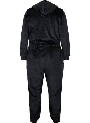 Velour jumpsuit med hætte og bindesnøre, Black, Packshot image number 1