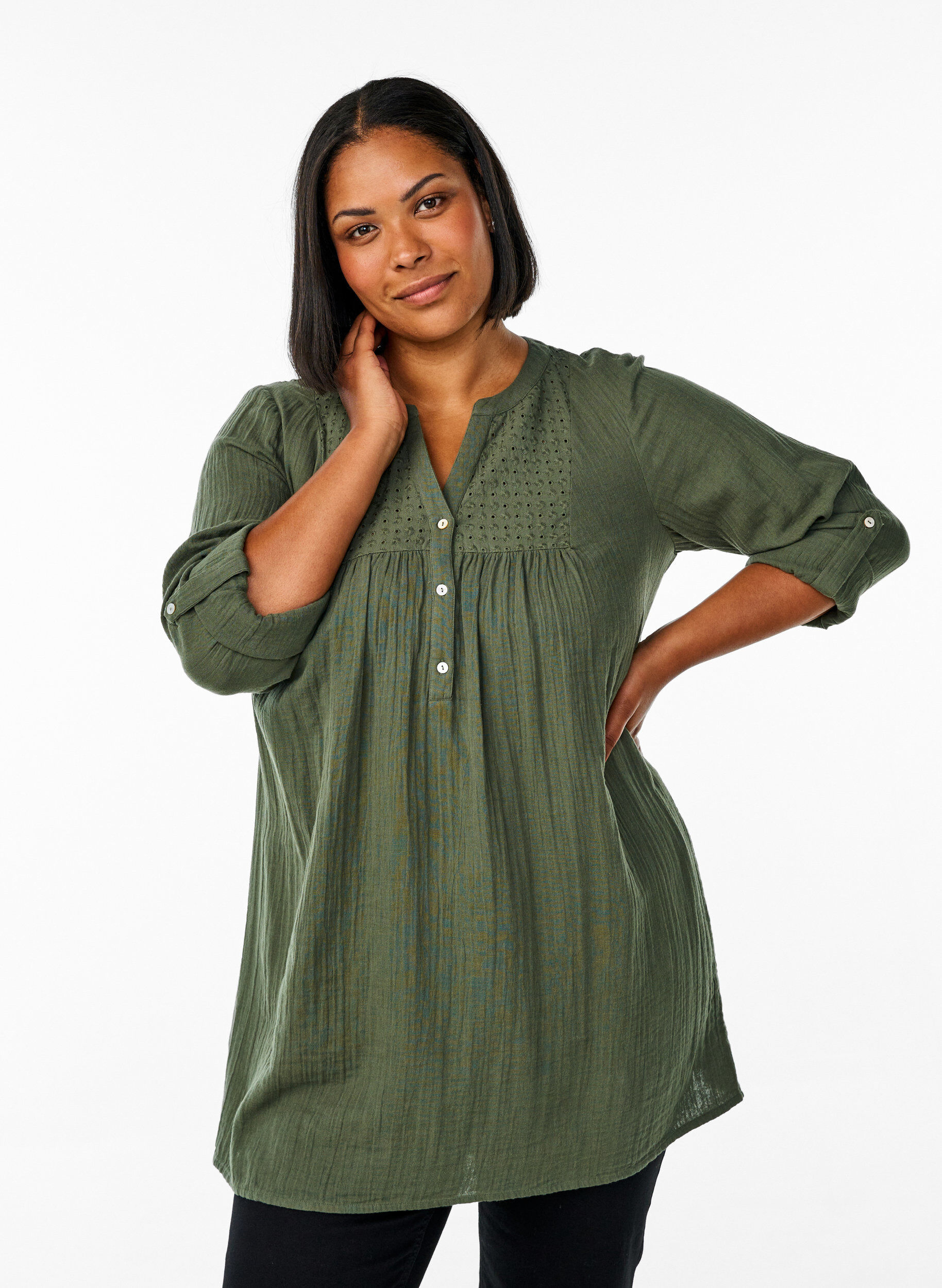 ZizziTunika i bomuldsmusselin med broderi anglaise, Gr&oslash;n, Model image number 0