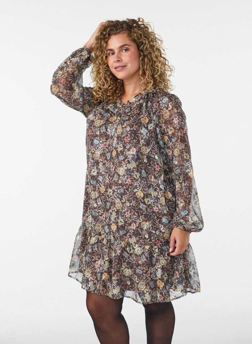 Chiffonkjole med blomsterprint og fl&aelig;selag, Brun, Model image number 0