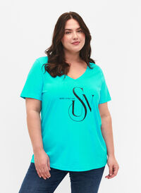 Bomulds t-shirt med tryk, Turquoise SUN, Model