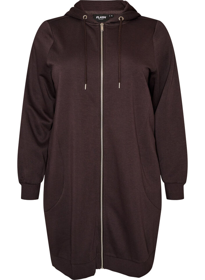 Lang h&aelig;ttetr&oslash;je med lynl&aring;s og lommer, Brun, Packshot image number 0