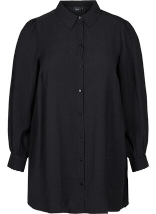 Lang ensfarvet skjorte i viskosemix, Black, Packshot image number 0