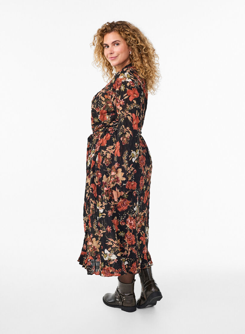 Midikjole med blomsterprint og aftageligt bindeb&aelig;lte, Sort, Model image number 1