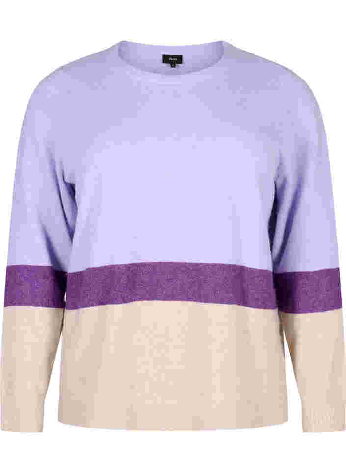 Stribet strikbluse med rund hals, Lavender Comb, Packshot image number 0