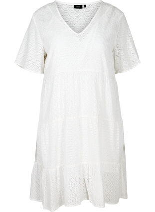 Kortærmet kjole med broderi anglaise, Bright White, Packshot image number 0