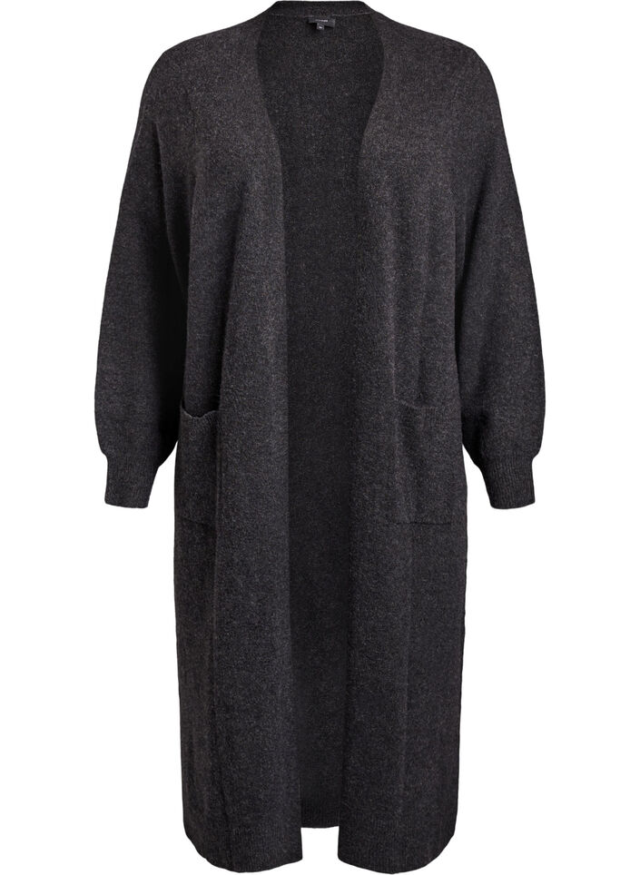 Lang strikcardigan med lommer, Grå, Packshot image number 0