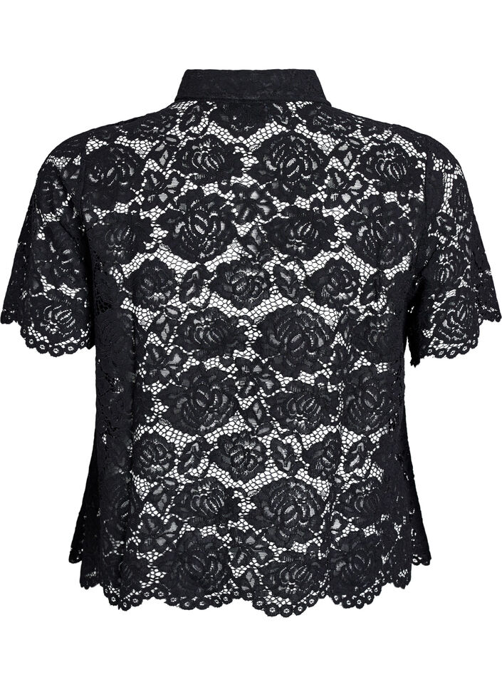 Skjortebluse i blonde med perleknapper, Sort, Packshot image number 1