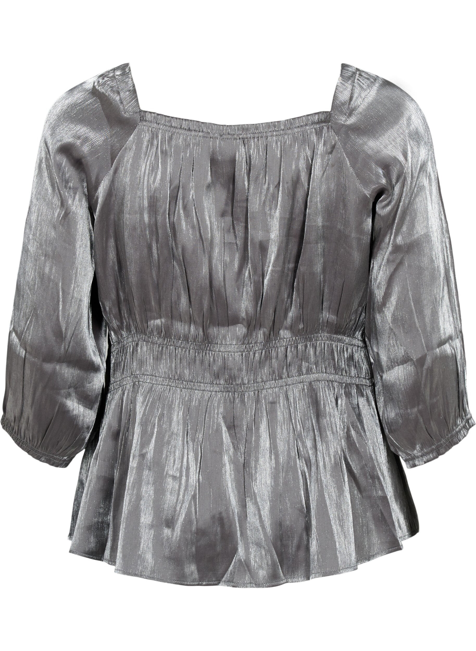 Zizzi S&oslash;lvfarvet bluse med 3/4 &aelig;rmer og smock, Dark Silver, Packshot image number 1