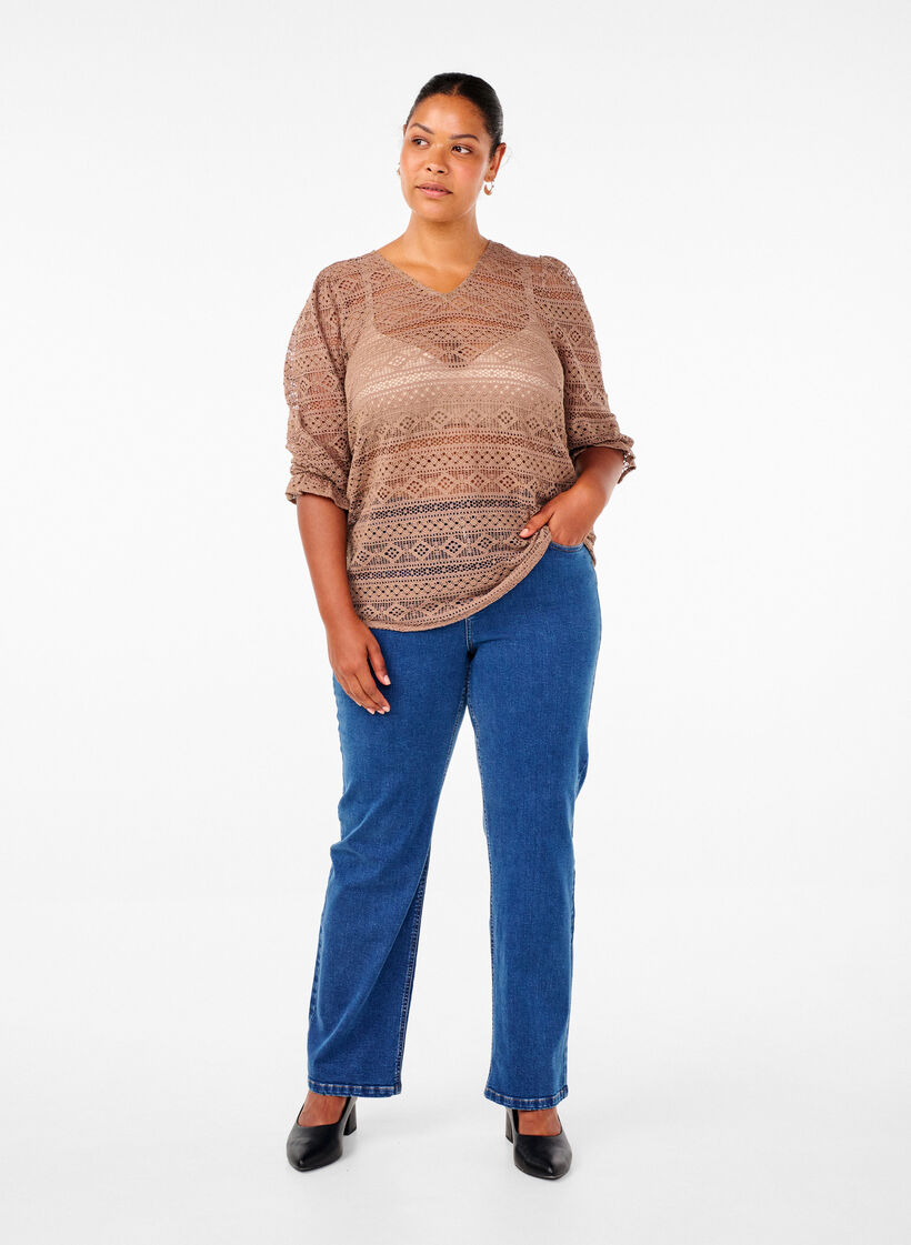 Bluse med hulmønster og 3/4 ærmer, Brun, Model image number 1