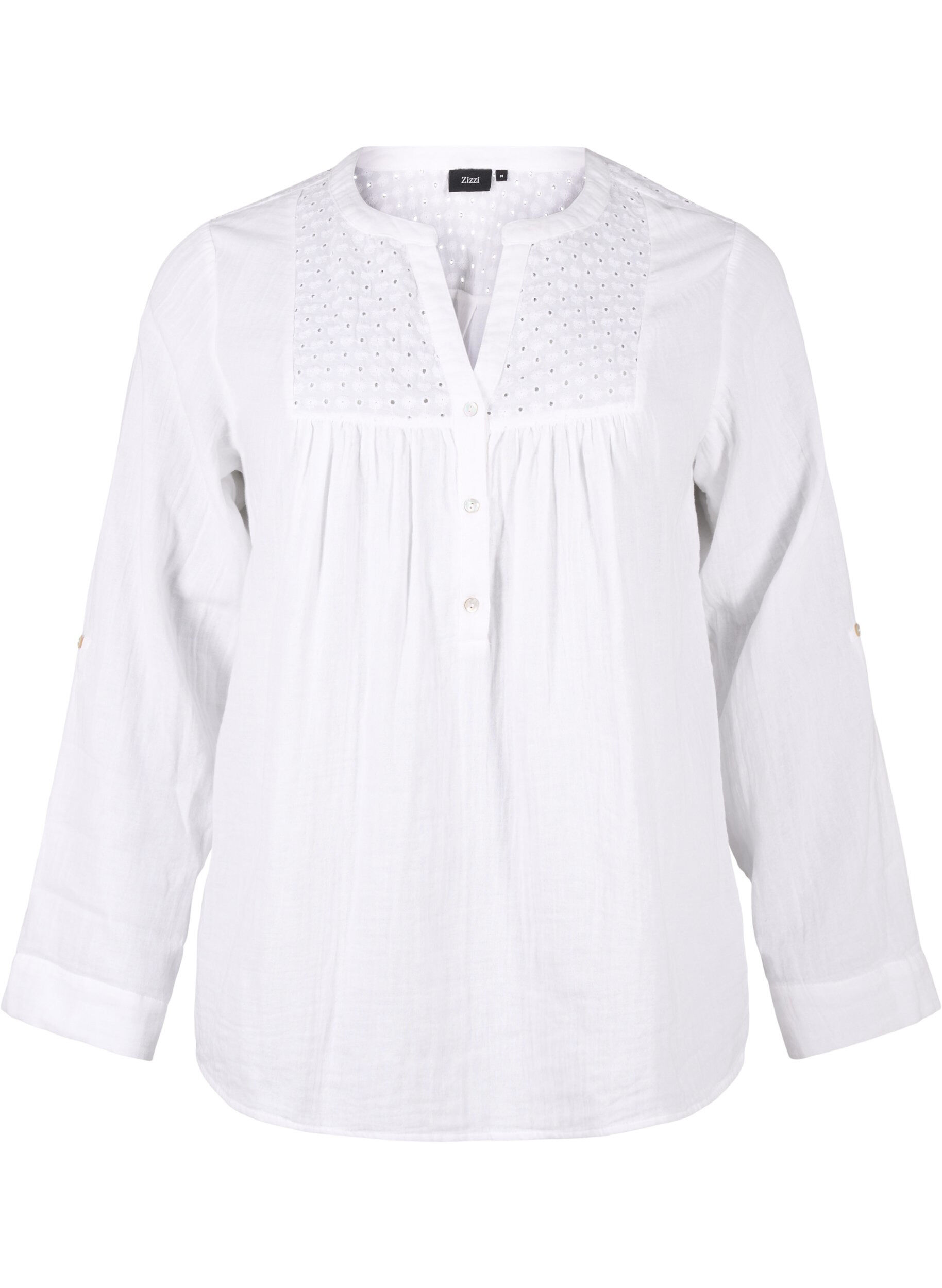 Zizzi Bluse i bomuld med broderi anglaise og 3/4 &aelig;rmer, Bright White, Packshot image number 0