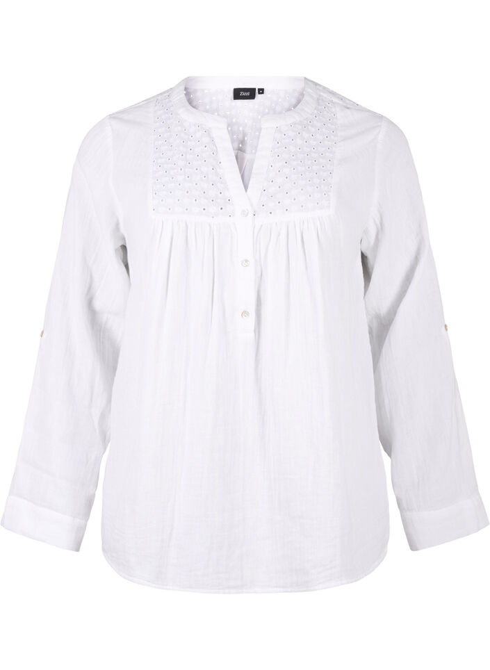Bluse i bomuld med broderi anglaise og 3/4 ærmer, Bright White, Packshot image number 0
