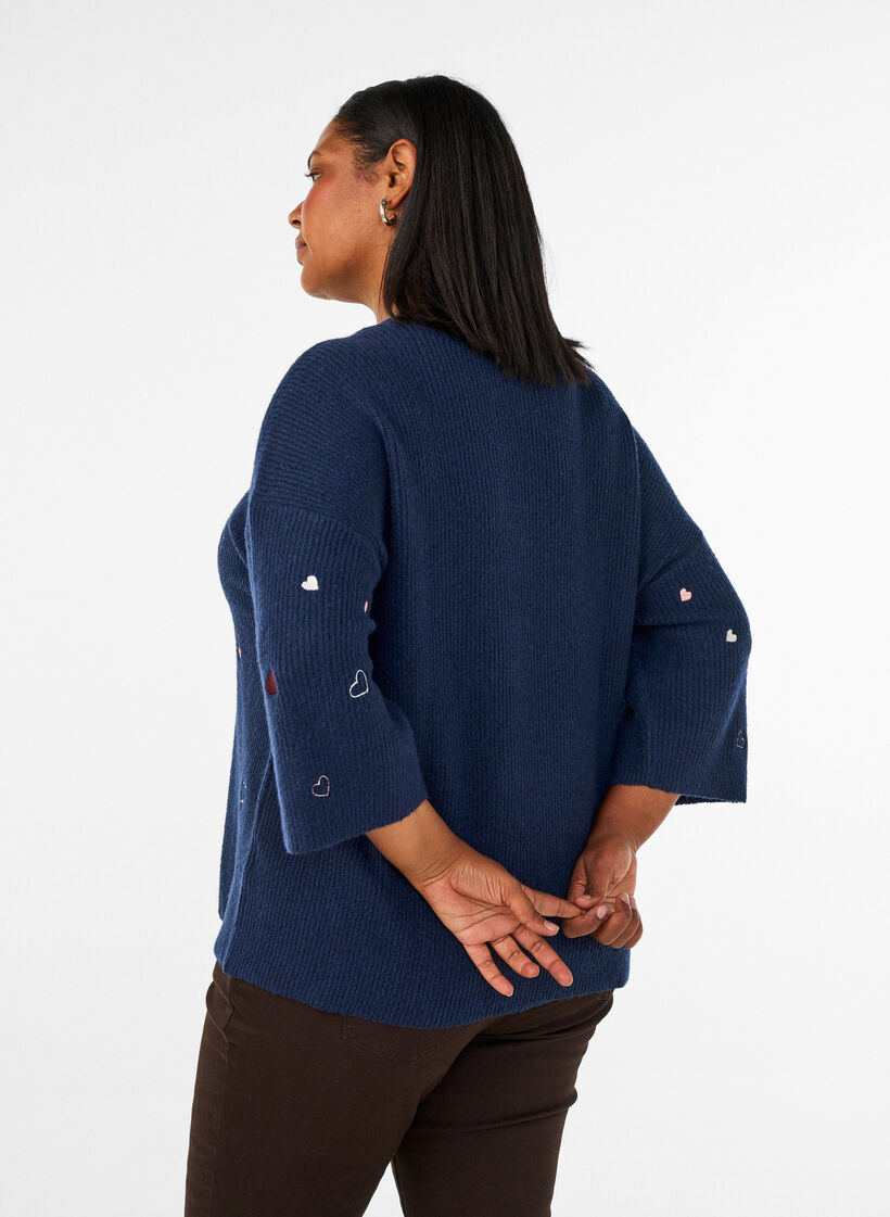 Strikbluse med hjerter og 3/4 &aelig;rmer, Bl&aring;, Model image number 2