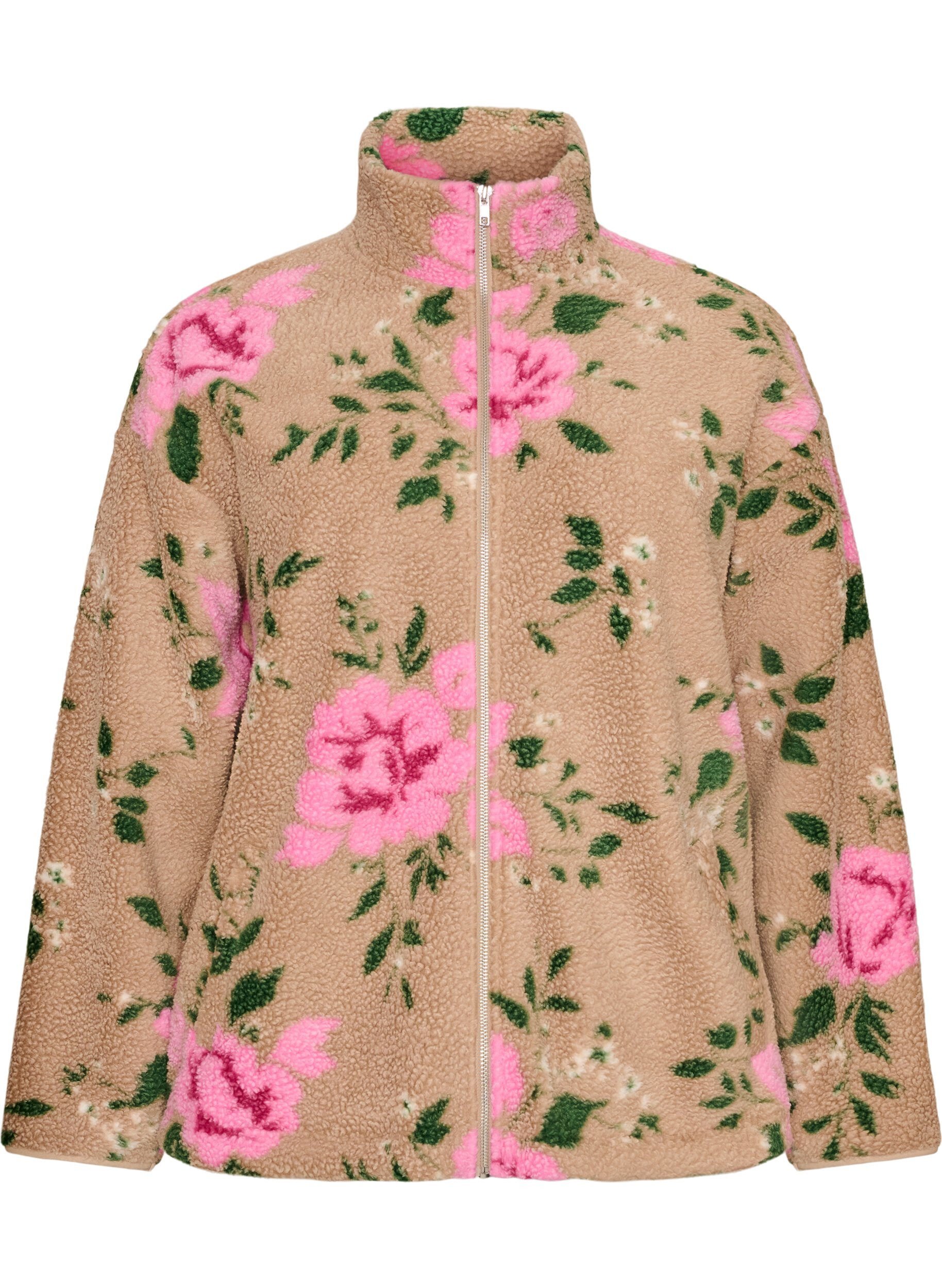 ZizziBlomstret fleecejakke med h&oslash;j hals og lynl&aring;s, Beige, Packshot image number 0