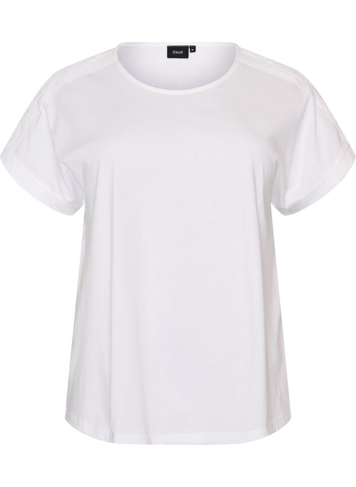 T-shirt i bomuld med crochetdetalje, Hvid, Packshot image number 0