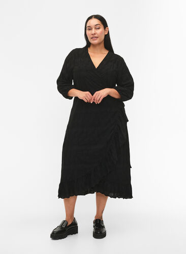 FLASH - Wrap kjole med 3/4 ærmer, Black, Model image number 0