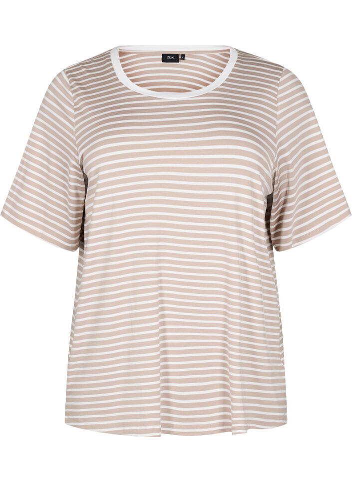 T-shirt med TENCEL™ Lyocell og striber, Beige, Packshot image number 0