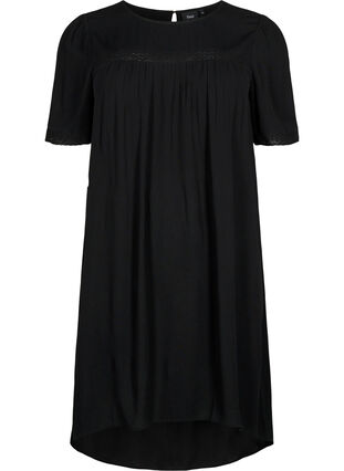 Kjole i viskose med blondebånd, Black, Packshot image number 0