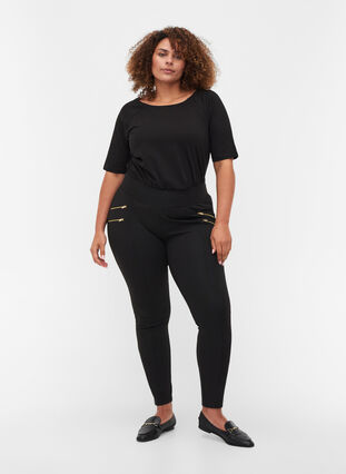Ensfarvede leggings med lynlåsdetaljer, Black, Model image number 0