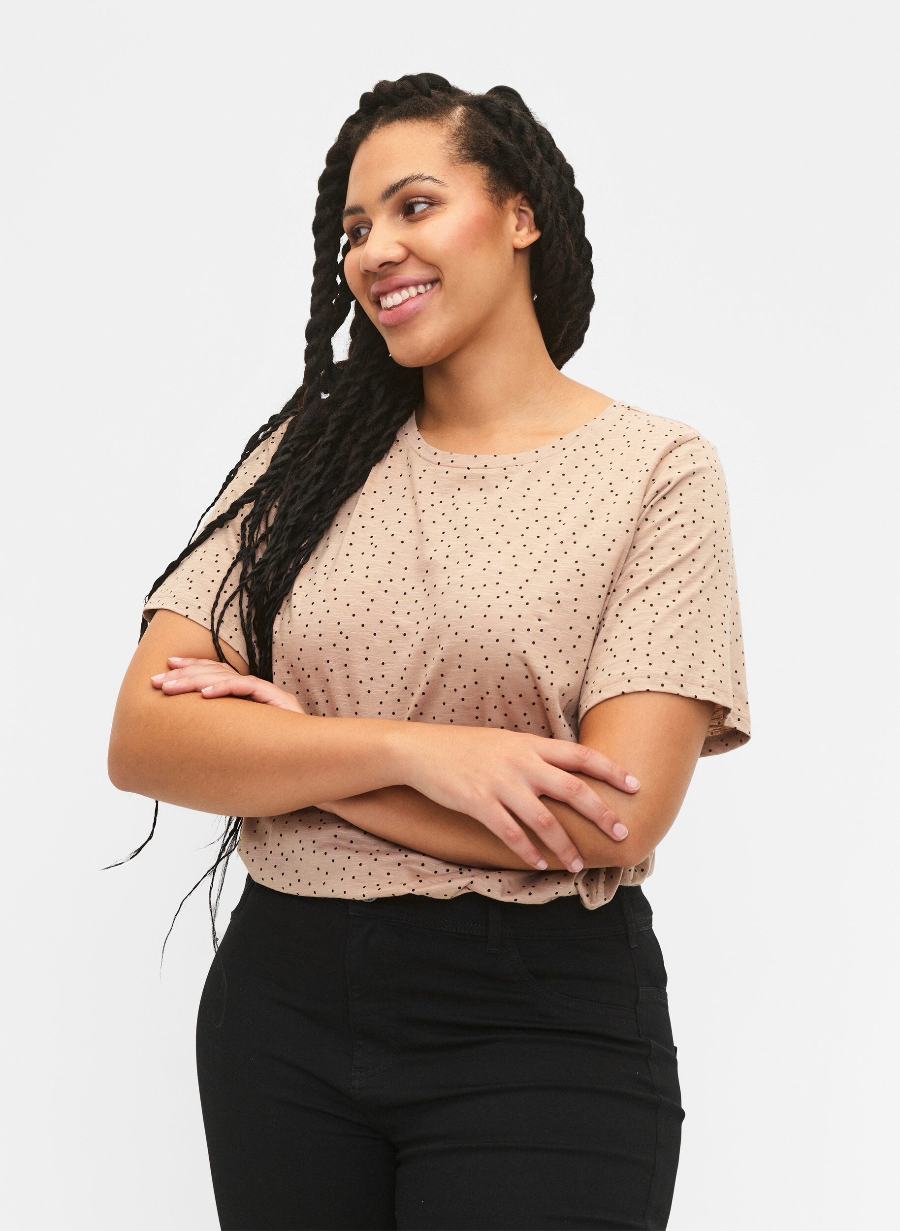 Zizzi T-shirt i &oslash;kologisk bomuld med prikker, Beige, Model image number 0