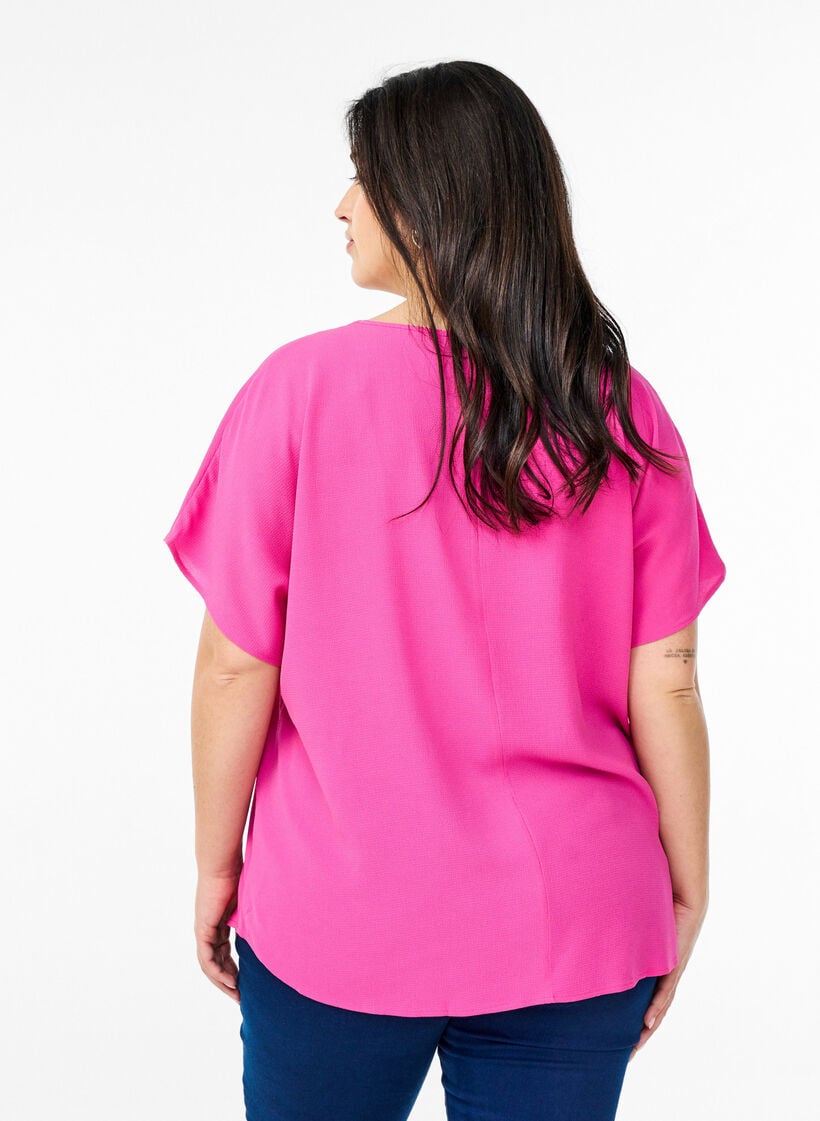 Bluse med korte &aelig;rmer og rund halsudsk&aelig;ring, Lyser&oslash;d, Model image number 2